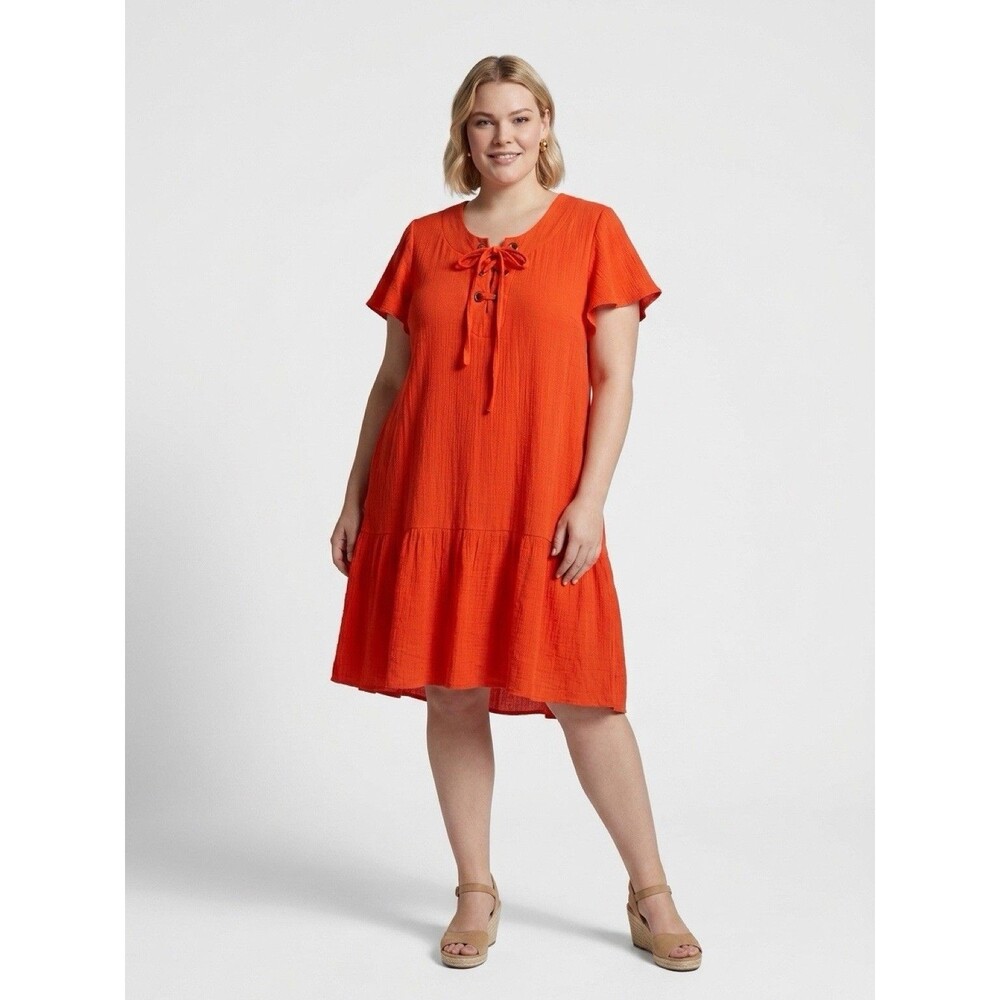 Indigo Rose Women’s Orange Tiered Short Sleeve Knee Length Dress Sporty Sz XL